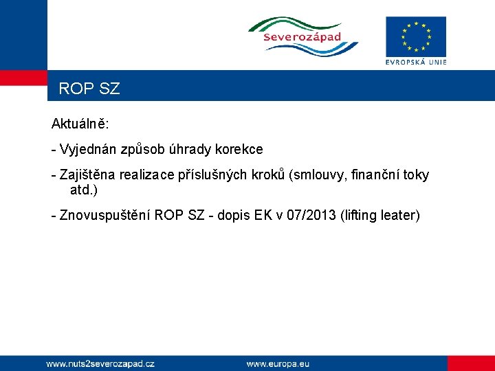 ROP SZ Aktuálně: - Vyjednán způsob úhrady korekce - Zajištěna realizace příslušných kroků (smlouvy,