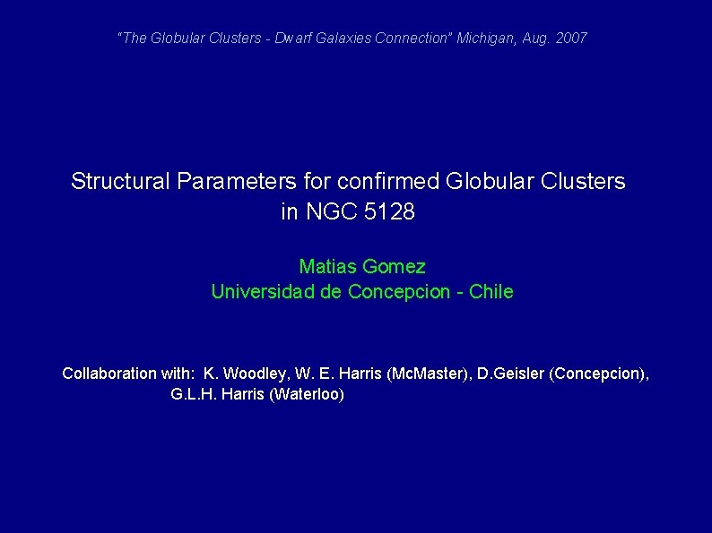 “The Globular Clusters - Dwarf Galaxies Connection” Michigan, Aug. 2007 Structural Parameters for confirmed