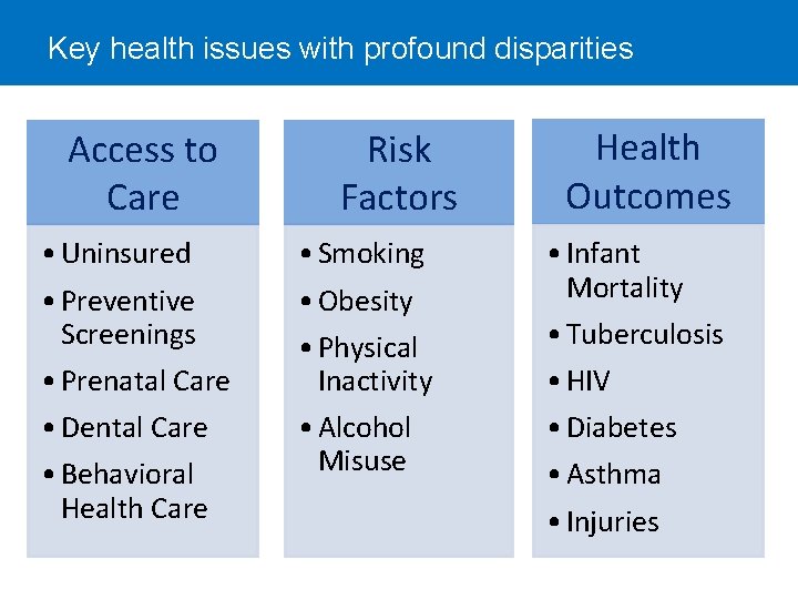 Key health issues with profound disparities Access to Care • Uninsured • Preventive Screenings