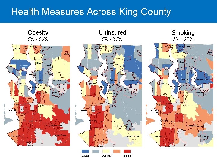 Health Measures Across King County Obesity Uninsured Smoking 8% - 35% 3% - 30%