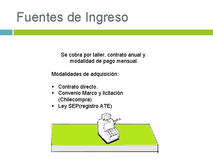 Fuentes de Ingreso Se cobra por taller, contrato anual y modalidad de pago mensual.