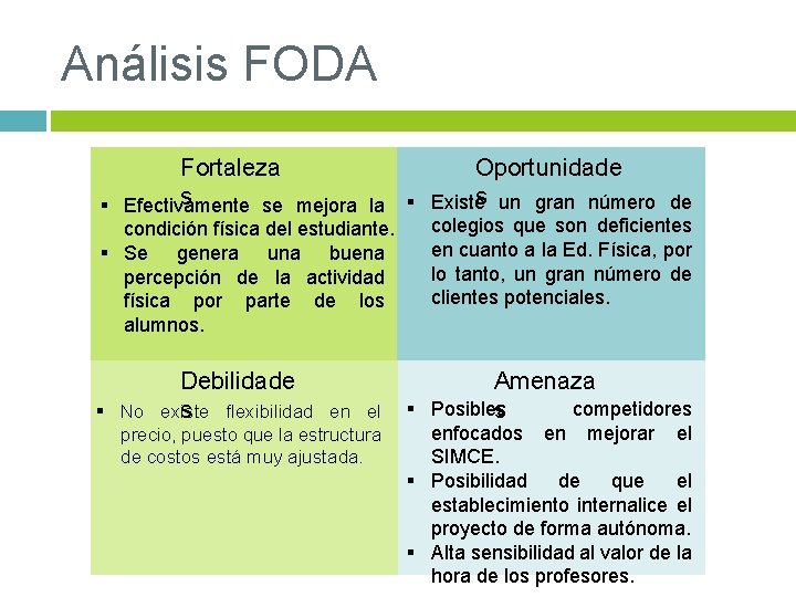Análisis FODA Oportunidade Fortaleza s un gran número de s § Efectivamente se mejora Análisis FODA Oportunidade Fortaleza s un gran número de s § Efectivamente se mejora