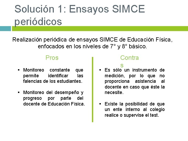 Solución 1: Ensayos SIMCE periódicos Realización periódica de ensayos SIMCE de Educación Física, enfocados