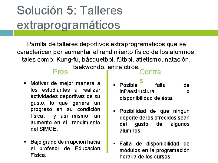 Solución 5: Talleres extraprogramáticos Parrilla de talleres deportivos extraprogramáticos que se caractericen por aumentar