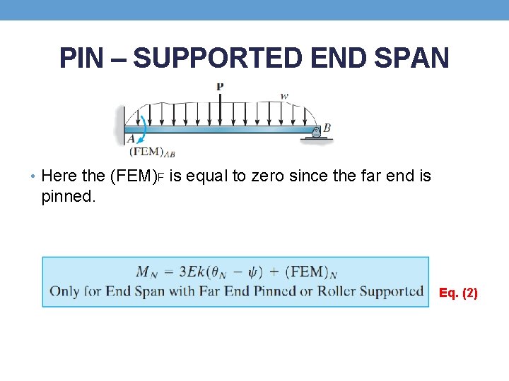 PIN – SUPPORTED END SPAN • Here the (FEM)F is equal to zero since PIN – SUPPORTED END SPAN • Here the (FEM)F is equal to zero since