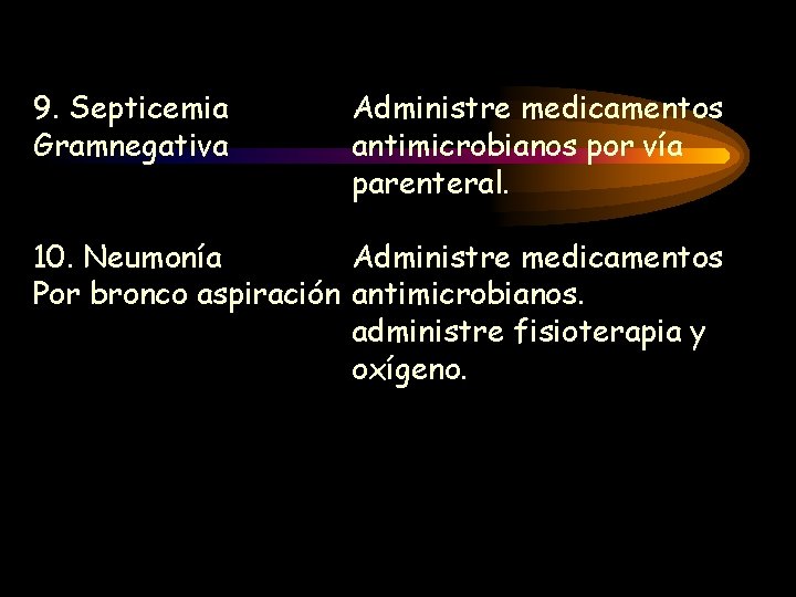 9. Septicemia Gramnegativa Administre medicamentos antimicrobianos por vía parenteral. 10. Neumonía Administre medicamentos Por