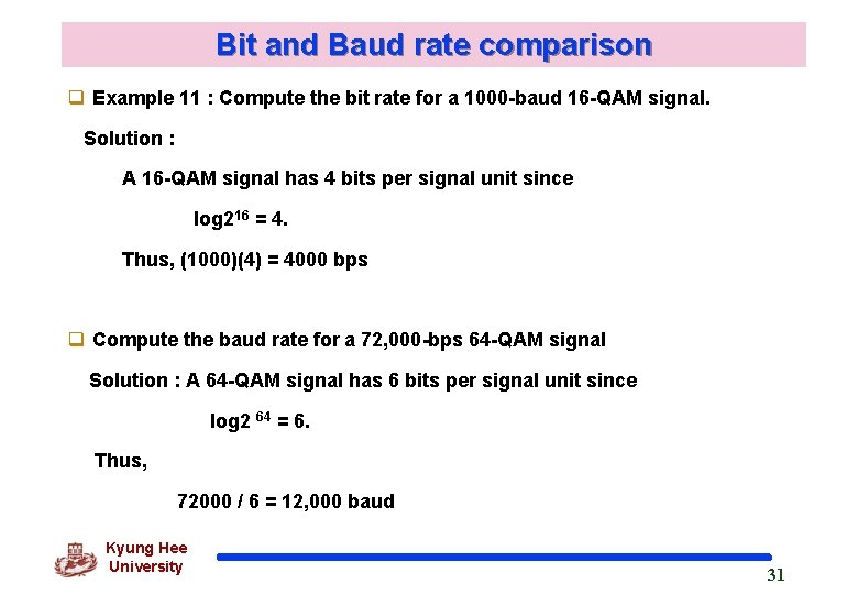 Bit and Baud rate comparison q Example 11 : Compute the bit rate for