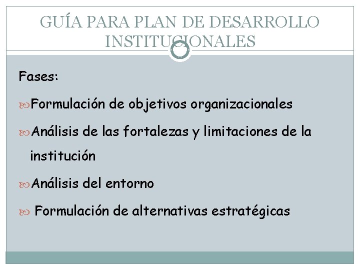 GUÍA PARA PLAN DE DESARROLLO INSTITUCIONALES Fases: Formulación de objetivos organizacionales Análisis de las