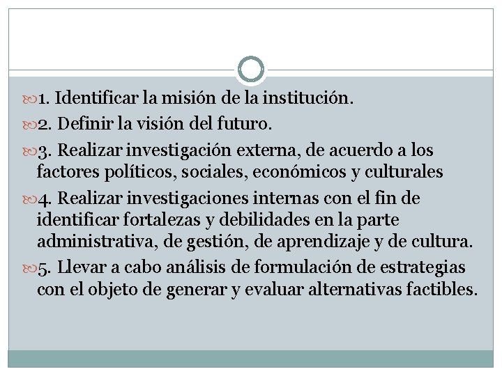 1. Identificar la misión de la institución. 2. Definir la visión del futuro. 1. Identificar la misión de la institución. 2. Definir la visión del futuro.