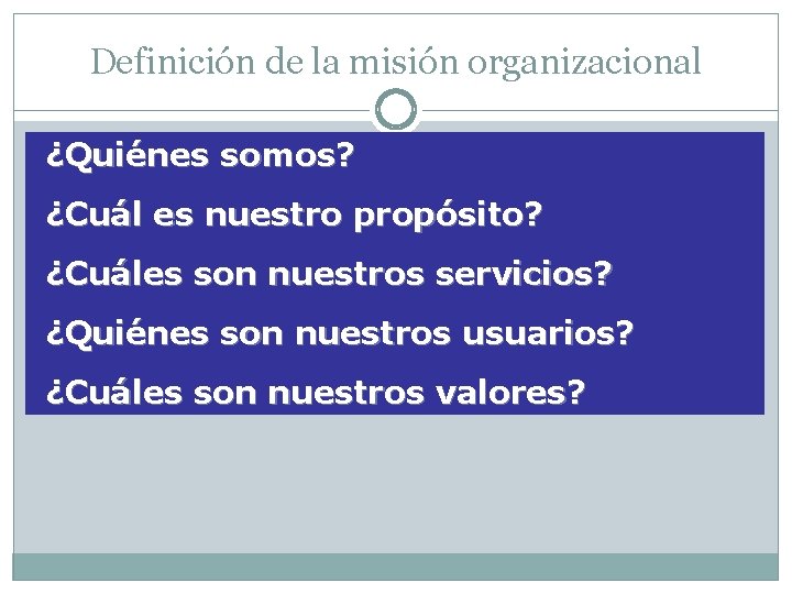 Definición de la misión organizacional ¿Quiénes somos? ¿Cuál es nuestro propósito? ¿Cuáles son nuestros