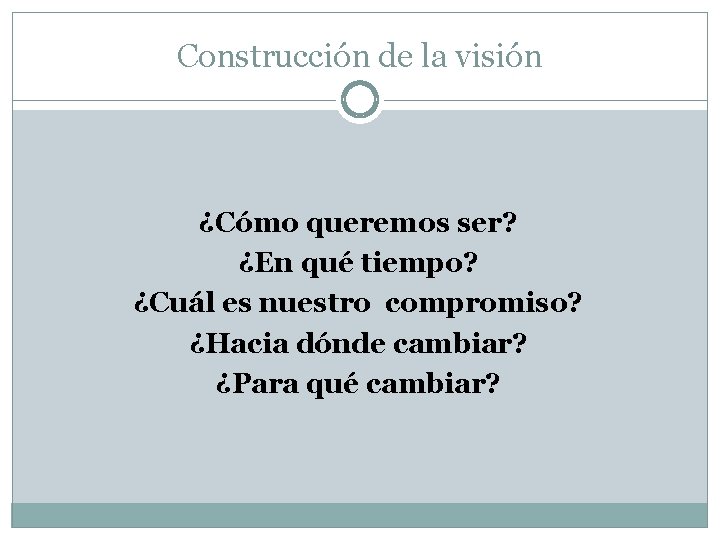 Construcción de la visión ¿Cómo queremos ser? ¿En qué tiempo? ¿Cuál es nuestro compromiso?