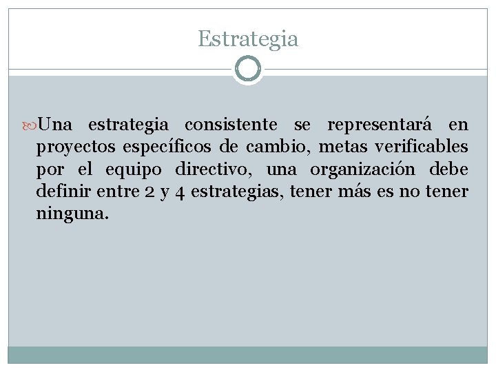 Estrategia Una estrategia consistente se representará en proyectos específicos de cambio, metas verificables por