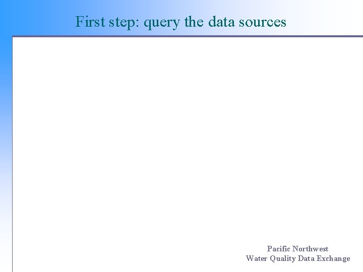 First step: query the data sources Pacific Northwest Water Quality Data Exchange First step: query the data sources Pacific Northwest Water Quality Data Exchange