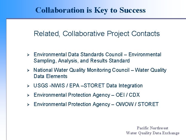 Collaboration is Key to Success Related, Collaborative Project Contacts Ø Environmental Data Standards Council