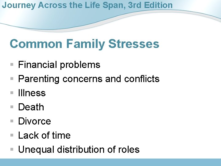 Journey Across the Life Span, 3 rd Edition Common Family Stresses § § §