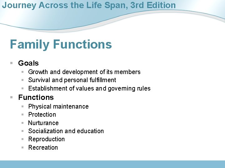 Journey Across the Life Span, 3 rd Edition Family Functions § Goals § Growth