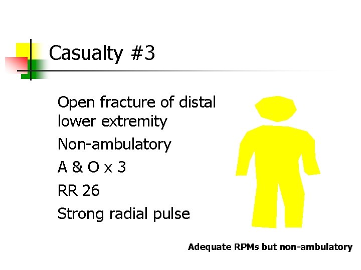 Casualty #3 Open fracture of distal lower extremity Non-ambulatory A & O x 3