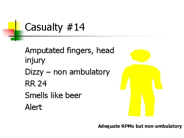 Casualty #14 Amputated fingers, head injury Dizzy – non ambulatory RR 24 Smells like