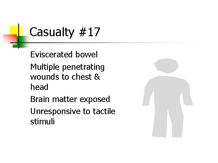 Casualty #17 Eviscerated bowel Multiple penetrating wounds to chest & head Brain matter exposed