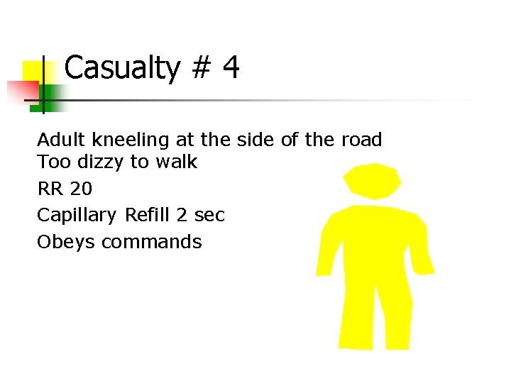 Casualty # 4 Adult kneeling at the side of the road Too dizzy to