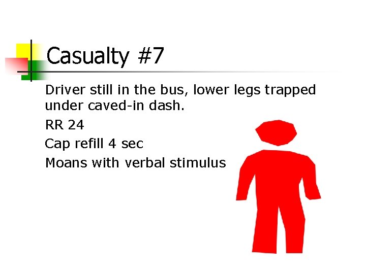 Casualty #7 Driver still in the bus, lower legs trapped under caved-in dash. RR
