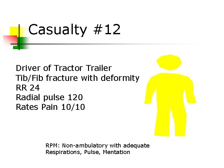 Casualty #12 Driver of Tractor Trailer Tib/Fib fracture with deformity RR 24 Radial pulse