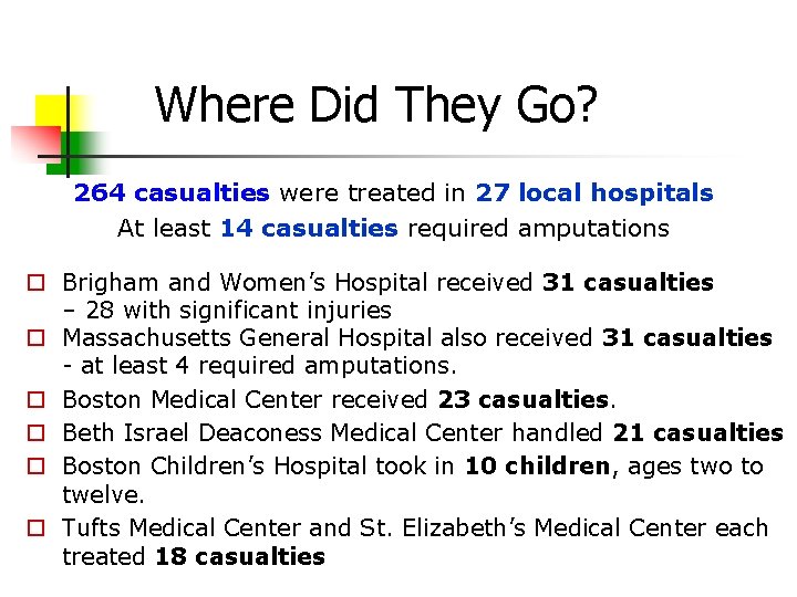 Where Did They Go? 264 casualties were treated in 27 local hospitals At least