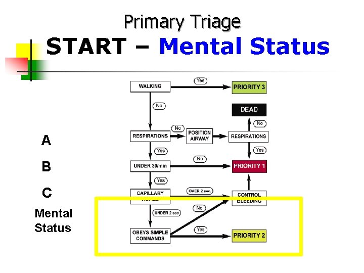 Primary Triage START – Mental Status A B C Mental Status 