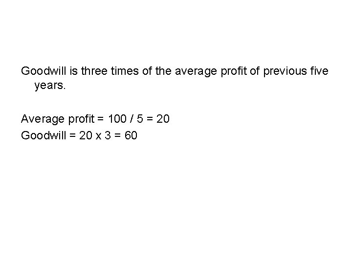 Goodwill is three times of the average profit of previous five years. Average profit Goodwill is three times of the average profit of previous five years. Average profit