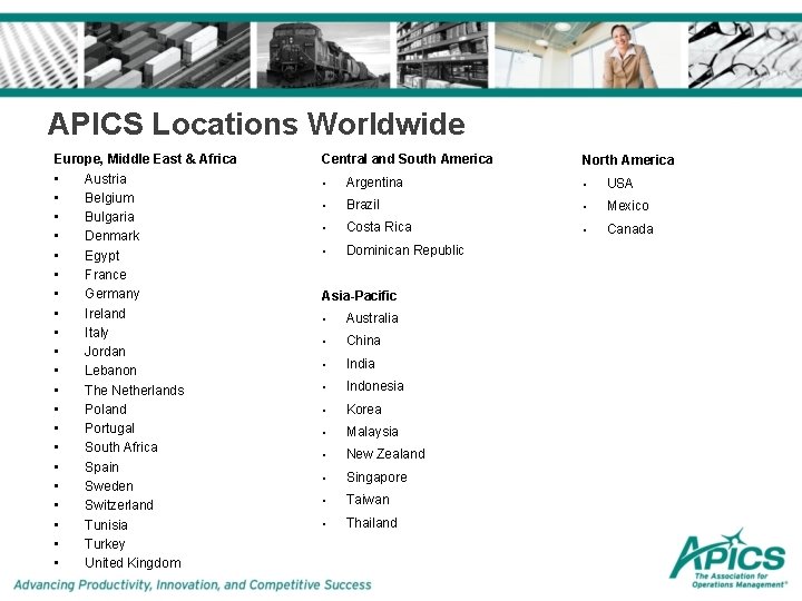 APICS Locations Worldwide Europe, Middle East & Africa • Austria • Belgium • Bulgaria