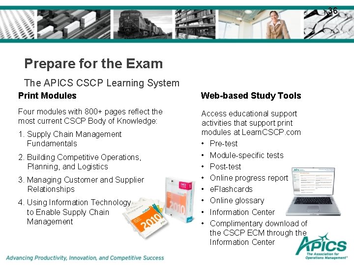 36 Prepare for the Exam The APICS CSCP Learning System Print Modules Web-based Study