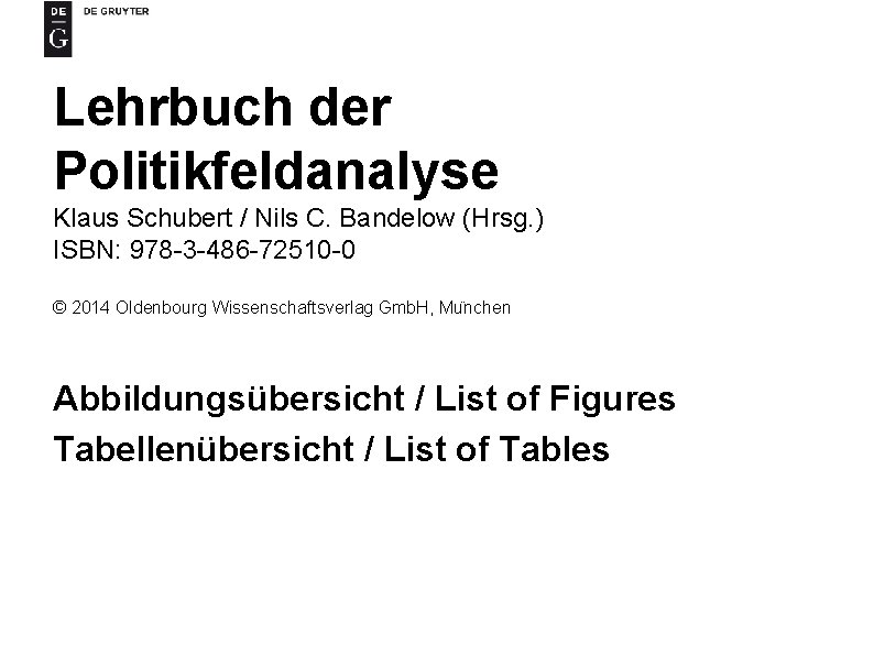 Lehrbuch der Politikfeldanalyse Klaus Schubert / Nils C. Bandelow (Hrsg. ) ISBN: 978 -3