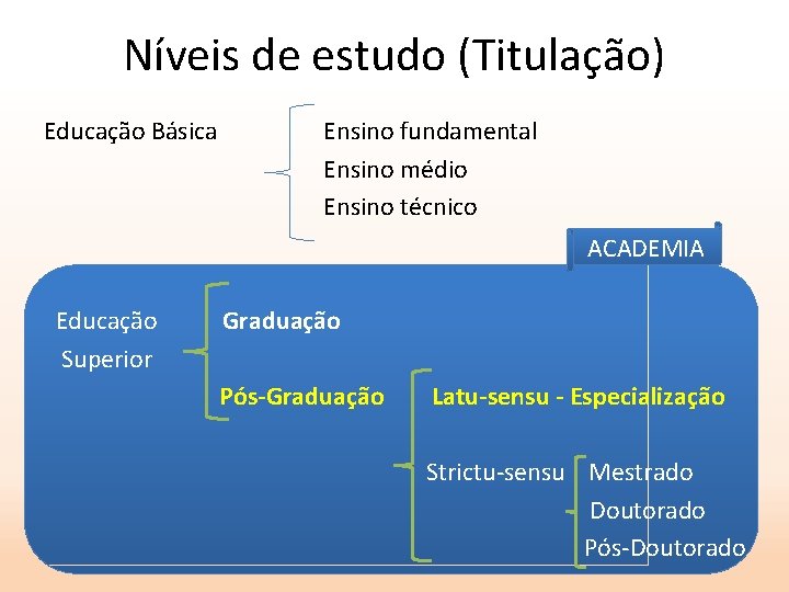 Níveis de estudo (Titulação) Educação Básica Ensino fundamental Ensino médio Ensino técnico ACADEMIA Educação