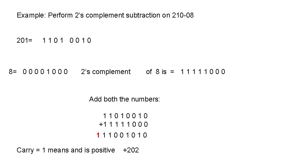 Example: Perform 2’s complement subtraction on 210 -08 201= 1 1 0 1 0