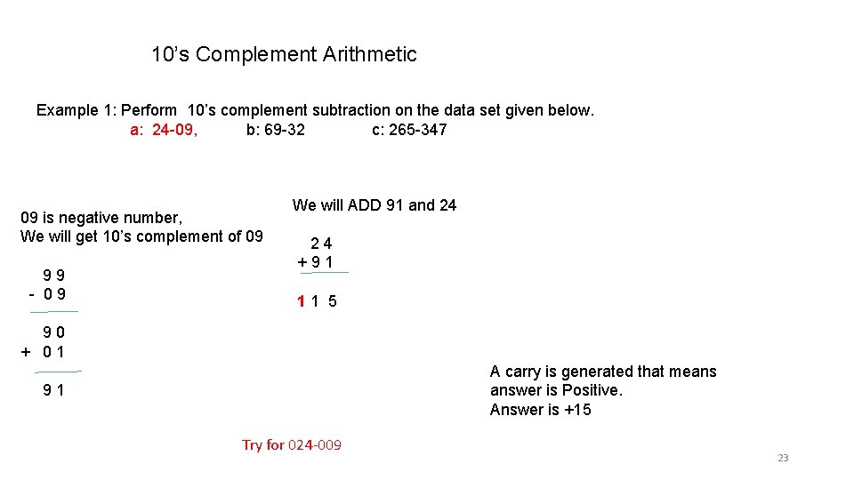 10’s Complement Arithmetic Example 1: Perform 10’s complement subtraction on the data set given