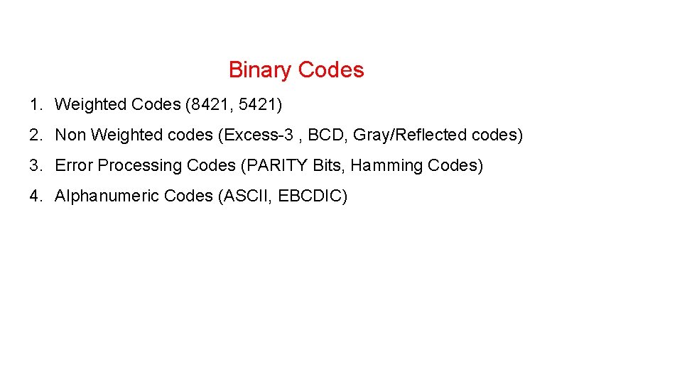 Binary Codes 1. Weighted Codes (8421, 5421) 2. Non Weighted codes (Excess-3 , BCD,