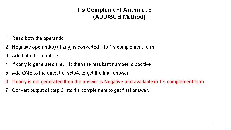 1’s Complement Arithmetic (ADD/SUB Method) 1. Read both the operands 2. Negative operand(s) (if