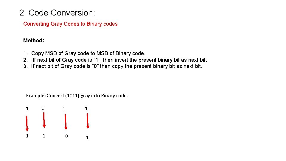 2: Code Conversion: Converting Gray Codes to Binary codes Method: 1. Copy MSB of