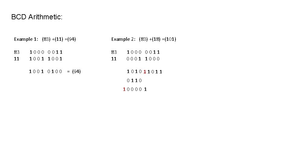BCD Arithmetic: Example 1: (83) +(11) =(94) Example 2: (83) +(18) =(101) 83 11