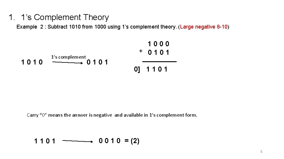 1. 1’s Complement Theory Example 2 : Subtract 1010 from 1000 using 1’s complement
