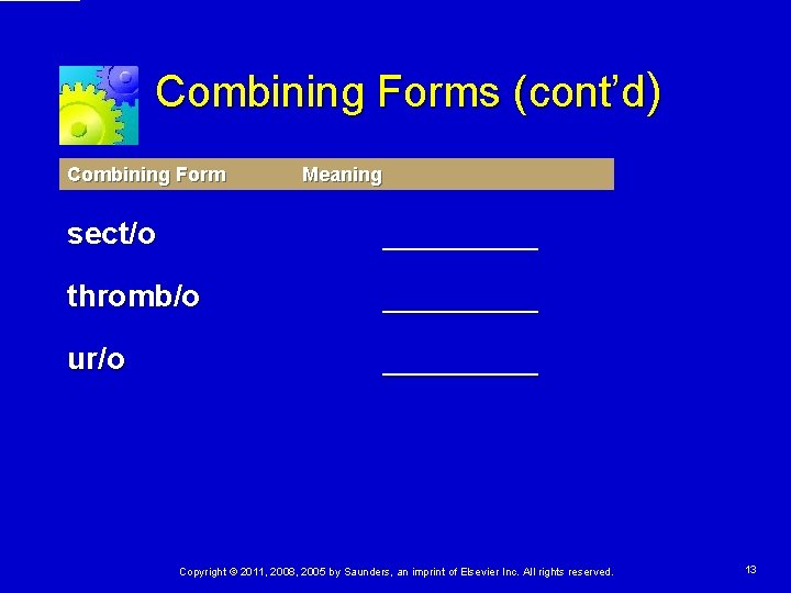 Combining Forms (cont’d) Combining Form Meaning sect/o _____ thromb/o _____ ur/o _____ Copyright © Combining Forms (cont’d) Combining Form Meaning sect/o _____ thromb/o _____ ur/o _____ Copyright ©