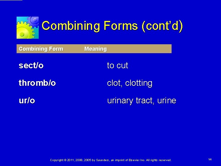 Combining Forms (cont’d) Combining Form Meaning sect/o to cut thromb/o clot, clotting ur/o urinary Combining Forms (cont’d) Combining Form Meaning sect/o to cut thromb/o clot, clotting ur/o urinary