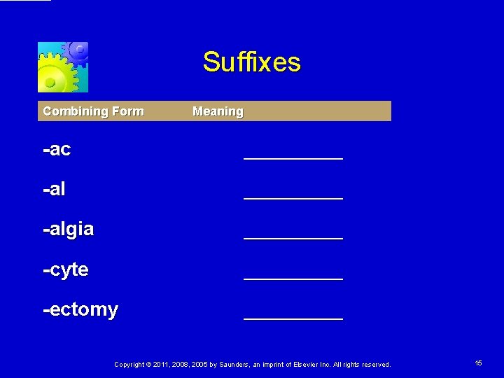 Suffixes Combining Form Meaning -ac _________ -algia _____ -cyte _____ -ectomy _____ Copyright © Suffixes Combining Form Meaning -ac _________ -algia _____ -cyte _____ -ectomy _____ Copyright ©