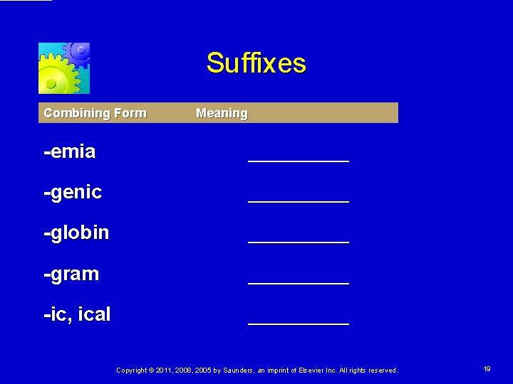 Suffixes Combining Form Meaning -emia _____ -genic _____ -globin _____ -gram _____ -ic, ical Suffixes Combining Form Meaning -emia _____ -genic _____ -globin _____ -gram _____ -ic, ical
