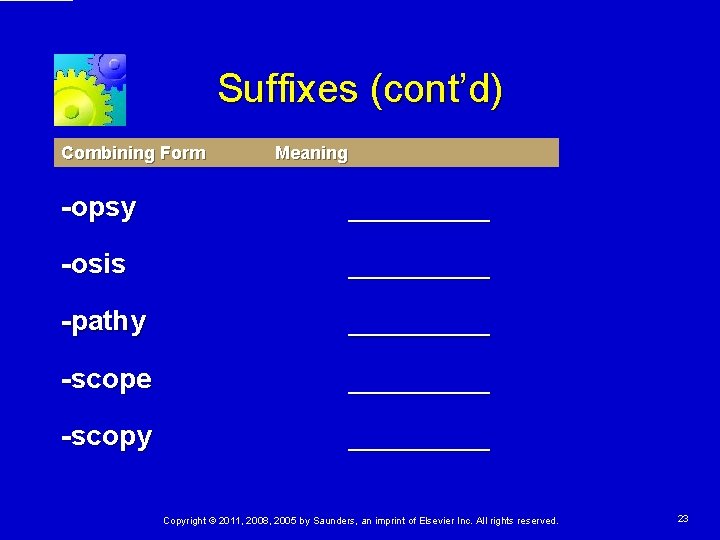 Suffixes (cont’d) Combining Form Meaning -opsy _____ -osis _____ -pathy _____ -scope _____ -scopy Suffixes (cont’d) Combining Form Meaning -opsy _____ -osis _____ -pathy _____ -scope _____ -scopy