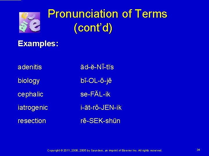 Pronunciation of Terms (cont’d) Examples: adenitis ăd-ĕ-Nī-tĭs biology bī-OL-ō-jē cephalic se-FĂL-ik iatrogenic i-ăt-rō-JEN-ik resection Pronunciation of Terms (cont’d) Examples: adenitis ăd-ĕ-Nī-tĭs biology bī-OL-ō-jē cephalic se-FĂL-ik iatrogenic i-ăt-rō-JEN-ik resection