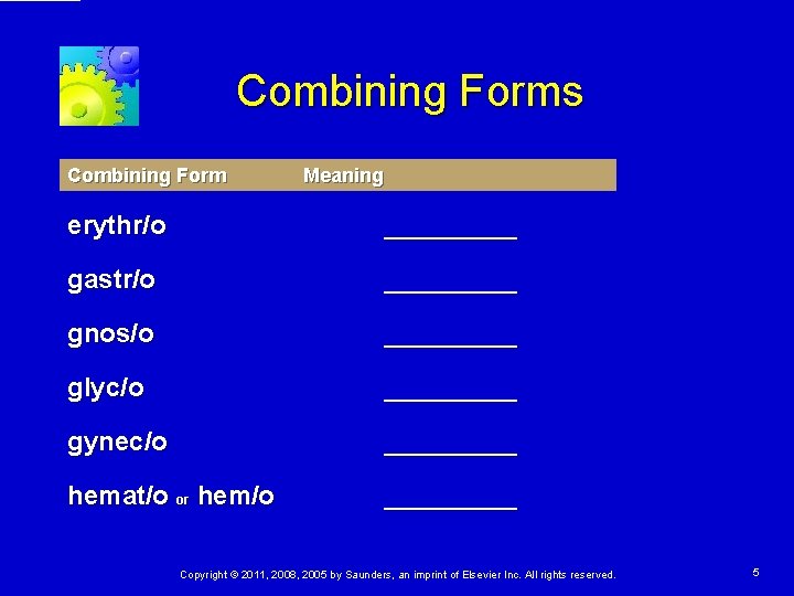 Combining Forms Combining Form Meaning erythr/o _____ gastr/o _____ gnos/o _____ glyc/o _____ gynec/o Combining Forms Combining Form Meaning erythr/o _____ gastr/o _____ gnos/o _____ glyc/o _____ gynec/o