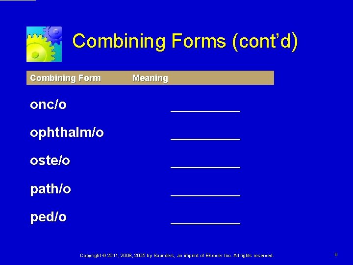 Combining Forms (cont’d) Combining Form Meaning onc/o _____ ophthalm/o _____ oste/o _____ path/o _____ Combining Forms (cont’d) Combining Form Meaning onc/o _____ ophthalm/o _____ oste/o _____ path/o _____