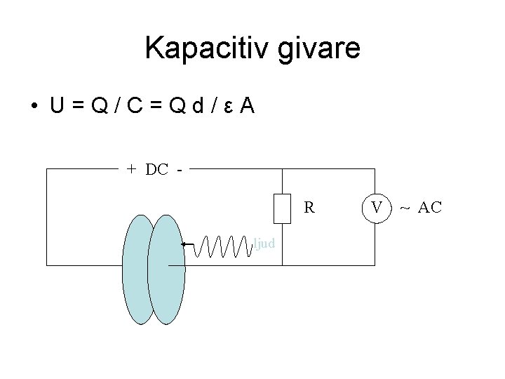 Kapacitiv givare • U=Q/C=Qd/εA + DC R ljud V ~ AC 