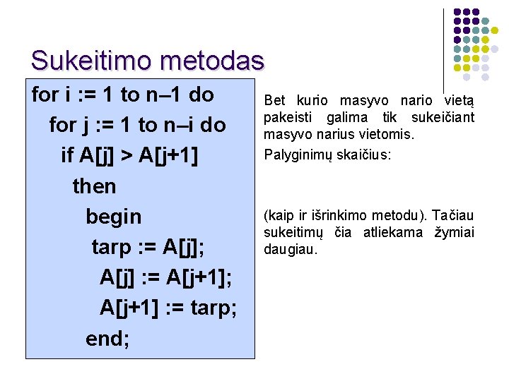 Sukeitimo metodas for i : = 1 to n– 1 do for j :